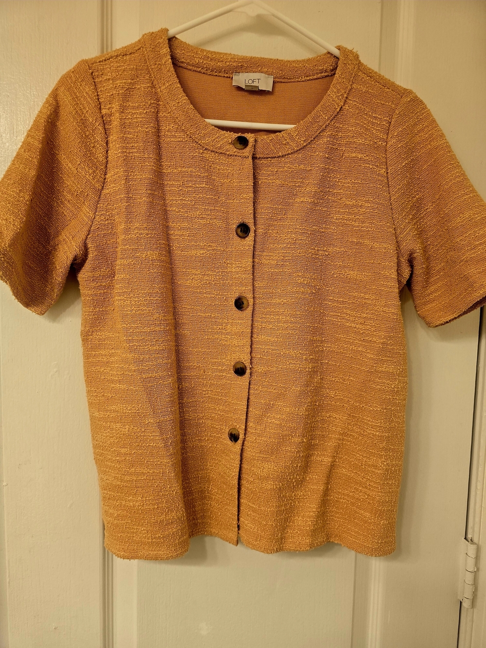 LOFT Outlet Golden Yellow Textured Button Front Short Sleeve Top